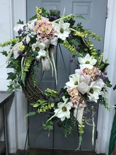 Magnolia Wreath with pink accents